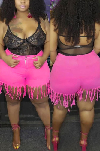 Rose Red Fashion Sexy Solid Tassel Plus Size Jeans