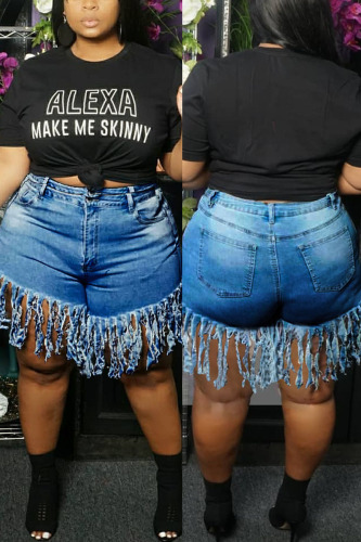 Dark Blue Fashion Sexy Solid Tassel Plus Size Jeans