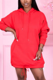 Red Fashion Casual Solid Basic Hooded Collar Long Sleeve Dress Dresses