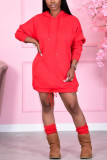 Red Fashion Casual Solid Basic Hooded Collar Long Sleeve Dress Dresses