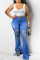 Blue Fashion Casual Solid Tassel Ripped High Waist Boot Cut Jeans