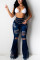 Blue Fashion Casual Solid Tassel Ripped High Waist Boot Cut Jeans