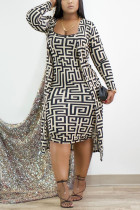 Multicolor Fashion Casual Print Basic O Neck Long Sleeve Two Pieces（Without Belt）
