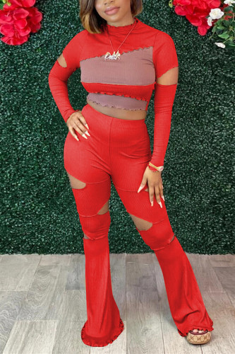 Red Fashion Sexy Patchwork Ripped Hollowed Out O Neck Long Sleeve Two Pieces