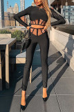 Black Fashion Sexy Patchwork Solid See-through O Neck Long Sleeve Two Pieces