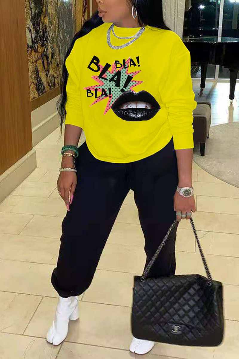 

Yellow Sexy Street Print Letter O Neck Long Sleeve Two Pieces