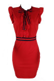 Red Sexy Fashion Ruffled Sleeve Short Sleeves O neck Step Skirt Mini Patchwork Bowknot ruffle