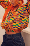Orange Fashion Casual Print Patchwork Hooded Collar Outerwear