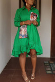 Green Fashion Casual Stitching Loose Shirt Dress