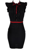 Black Sexy Fashion Ruffled Sleeve Short Sleeves O neck Step Skirt Mini Patchwork Bowknot ruffle