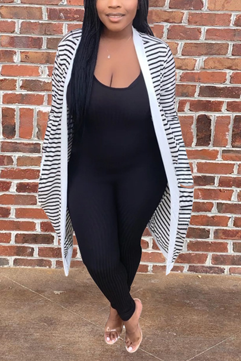 

White Casual Striped Split Joint Cardigan Outerwear