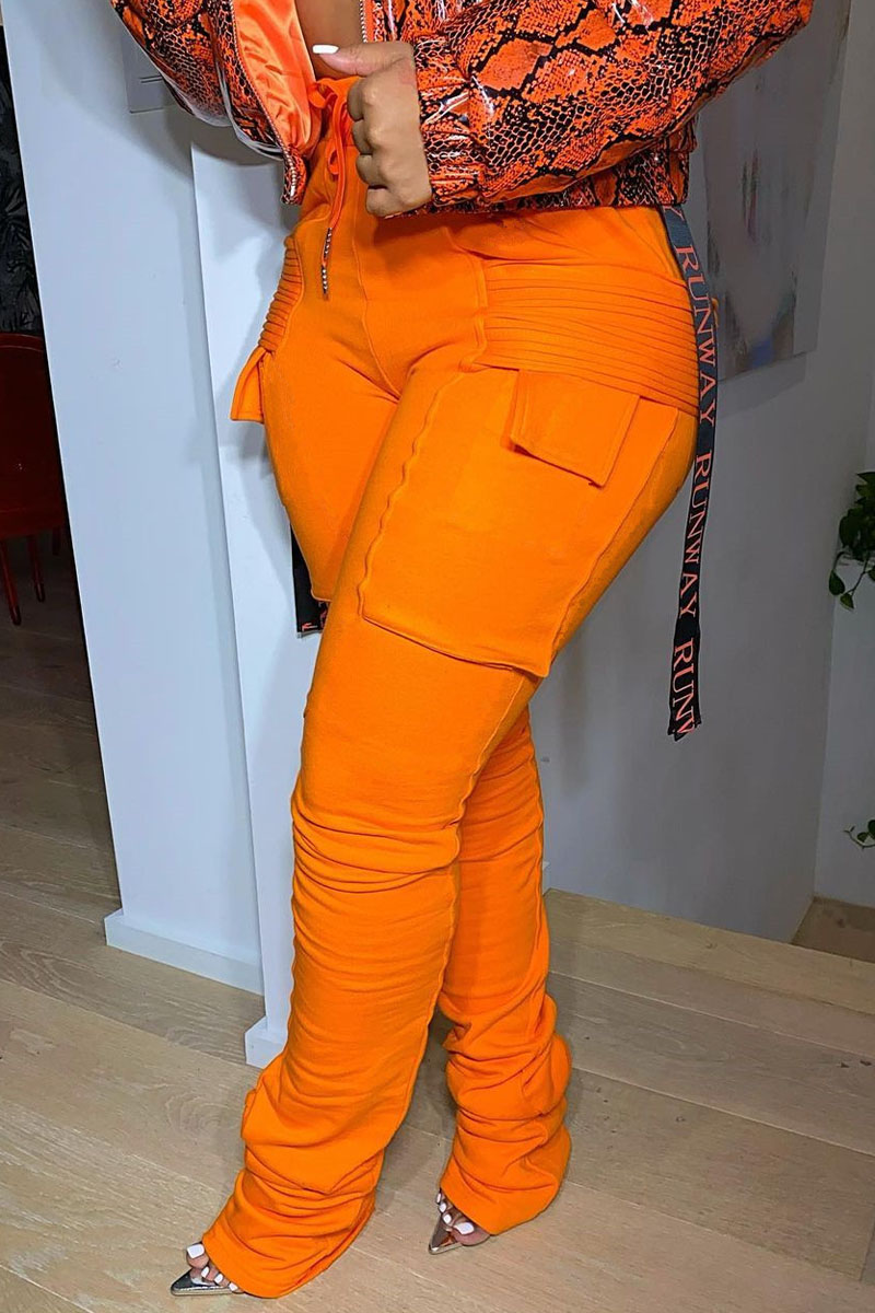 

Orange Casual Solid Pocket Boot Cut Mid Waist Bottoms