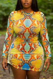 Yellow Sexy Casual Print O Neck Pencil Skirt Dresses