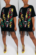 Black Fashion Letter Print Loose Tassel Dress