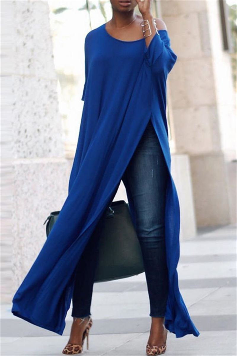 

Blue Fashion Wide Neckline Split Long Tops