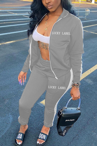 Grey Sexy Twilled Satin Print Solid Embroidered Turtleneck Long Sleeve Regular Sleeve Regular Two Pieces