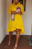 Yellow Fashion Casual Stitching Loose Shirt Dress