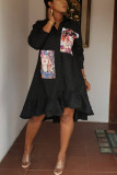 Black Fashion Casual Stitching Loose Shirt Dress