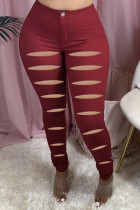 Wine Red Fashion Casual Solid Ripped Skinny Jeans