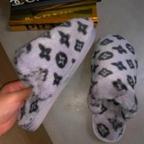 Grey Fashion Casual Printing Round Keep Warm Plush Slippers