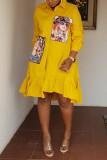 Yellow Fashion Casual Stitching Loose Shirt Dress