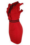 Red Sexy Fashion Ruffled Sleeve Short Sleeves O neck Step Skirt Mini Patchwork Bowknot ruffle