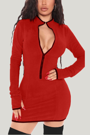 Red Daily Solid Patchwork Zipper Collar Wrapped Skirt Dresses
