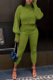 Fluorescent Green Daily Solid Patchwork Turtleneck Long Sleeve Two Pieces
