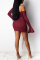 Wine Red Fashion Sexy Solid Draw String Backless Fold Bateau Neck Long Sleeve Dress