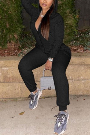 Black Sweet Solid Hooded Collar Jumpsuits