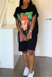 Black Casual Bat sleeve Short Sleeves O neck Step Skirt Knee-Length Print head portrait Print Dres