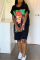Black Cotton Casual Bat sleeve Short Sleeves O neck Step Skirt Knee-Length Print head portrait  Print Dres