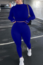 Royal blue Fashion Casual Adult Polyester Solid Embroidered O Neck Long Sleeve Regular Sleeve Regular Two Pieces