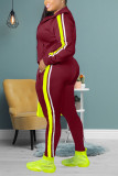 Wine Red Fashion Casual Zipper Collar Long Sleeve Regular Sleeve Patchwork Plus Size Set