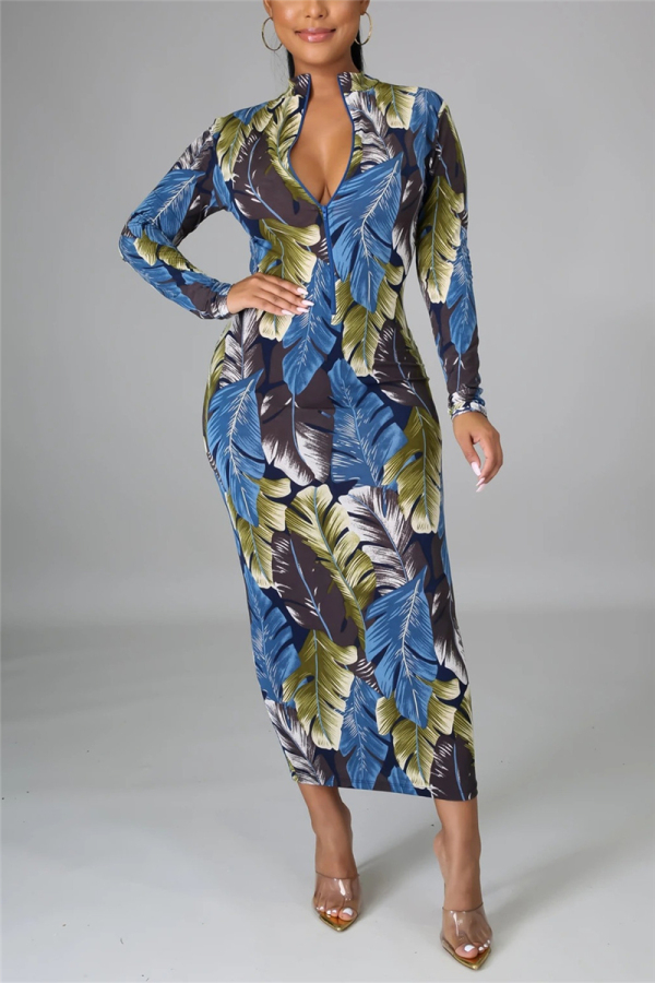 Blue Fashion Casual Print Basic Half A Turtleneck Long Sleeve Dress