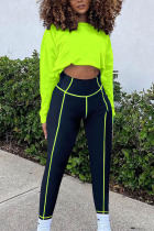 Fluorescent Green Sexy Solid Split Joint O Neck Long Sleeve Two Pieces