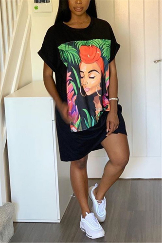 Black Casual Bat sleeve Short Sleeves O neck Step Skirt Knee-Length Print head portrait Print Dres
