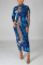 Dark Blue Fashion Casual Print Basic Half A Turtleneck Long Sleeve Dress