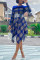 Blue Fashion Casual Print Split Joint O Neck Long Sleeve Dress (Without Belt)