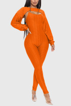 Orange Casual Sportswear Solid Hollowed Out Backless O Neck Long Sleeve Two Pieces