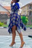 Blue Fashion Casual Print Patchwork O Neck Long Sleeve Dress (Without Belt)