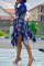 Blue Fashion Casual Print Split Joint O Neck Long Sleeve Dress (Without Belt)