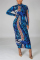 Dark Blue Fashion Casual Print Basic Half A Turtleneck Long Sleeve Dress