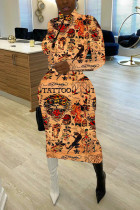 Light Brown Fashion Casual Print Basic Turtleneck Long Sleeve Dress