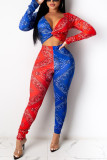 Blue Red Sexy Casual Print Patchwork V Neck Long Sleeve Two Pieces