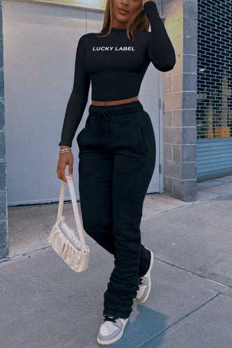 Black Casual Print Letter Turtleneck Long Sleeve Two Pieces