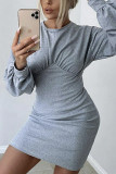 Grey Fashion Casual Solid Basic O Neck Long Sleeve Dress