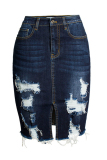 Deep Blue Trendy Broken Holes Blends Knee Length Skirts