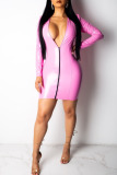 Pink Sexy High Elastic Deep V-Neck Imitation PU Dress