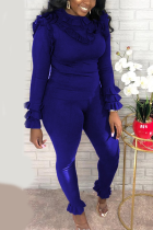 Blue Casual Solid Split Joint Long Sleeve Two Pieces